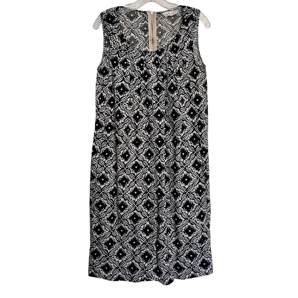 INTREND Sz 8 Tank Dress Linen Blend Batik Black Cream European‎ Midi Shift Boho